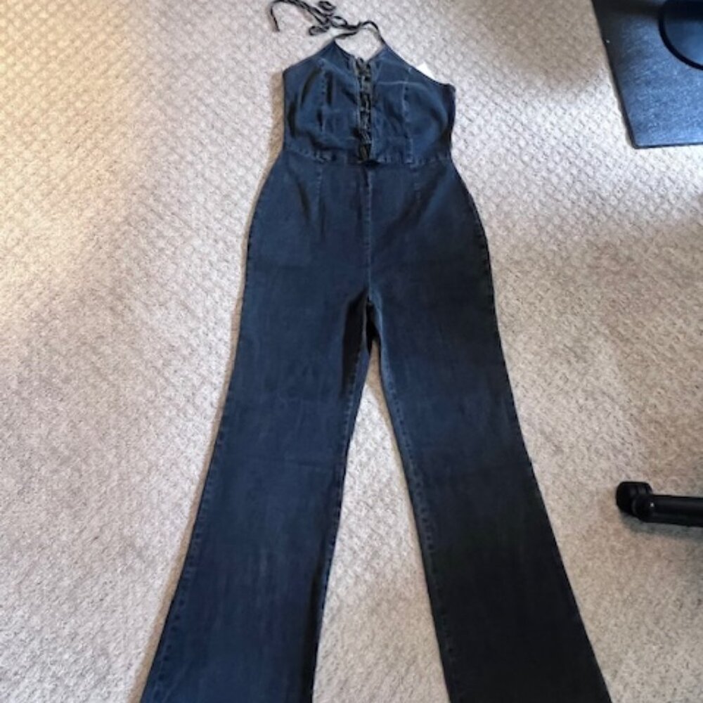 LACE UP DENIM JUMPSUIT